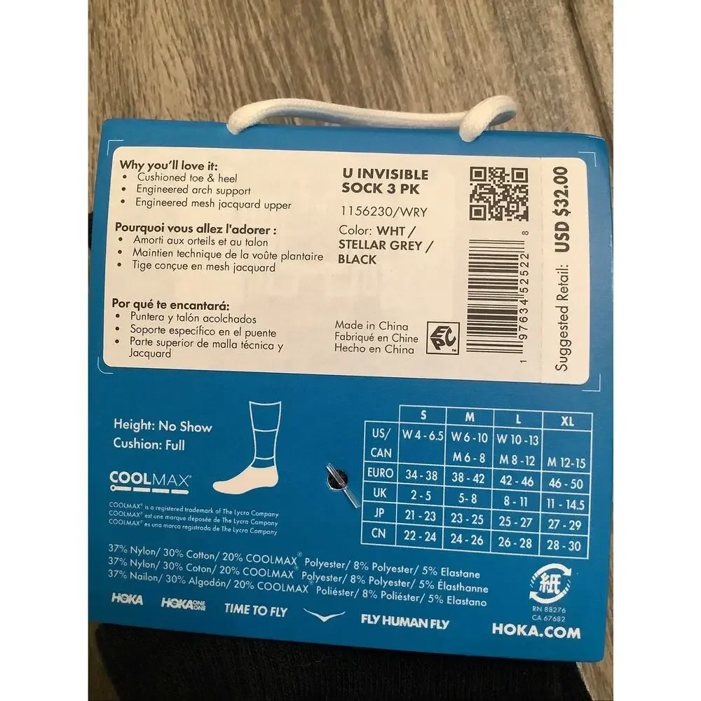 Hoka Unisex XL White Grey Black 3 Pack Invisible Socks Running Athleisure A8-7